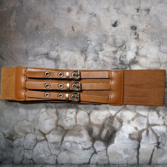 Brown Stretch Belt 3 Buckles in Front Velcro Closure in Back Silver S/M - Picture 4 of 10